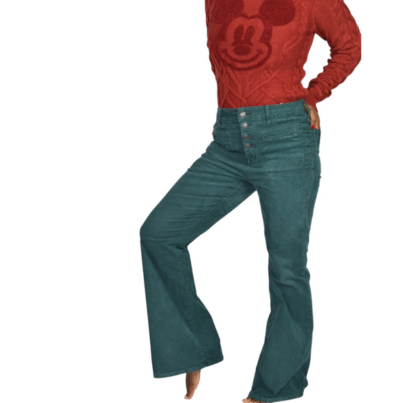 American Eagle Super Hi Rise Flare Corduroy Pants Green Button Fly Retro Teal 8 - Picture 8 of 15
